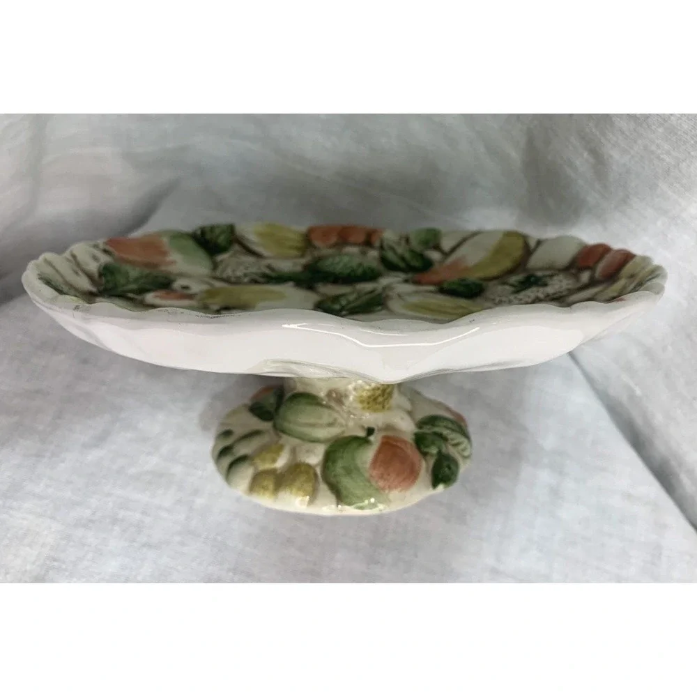 Lefton's Pedestal Dessert Plate Majolica Style Raised Fruit Design 8.5